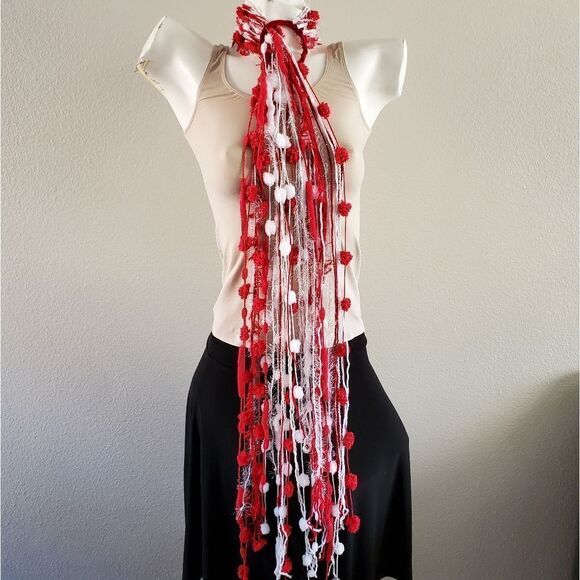 Hand Crafted Boho Wall Hanging Decor or Scarves Red White and Silver set of 4 - Picture 9 of 14